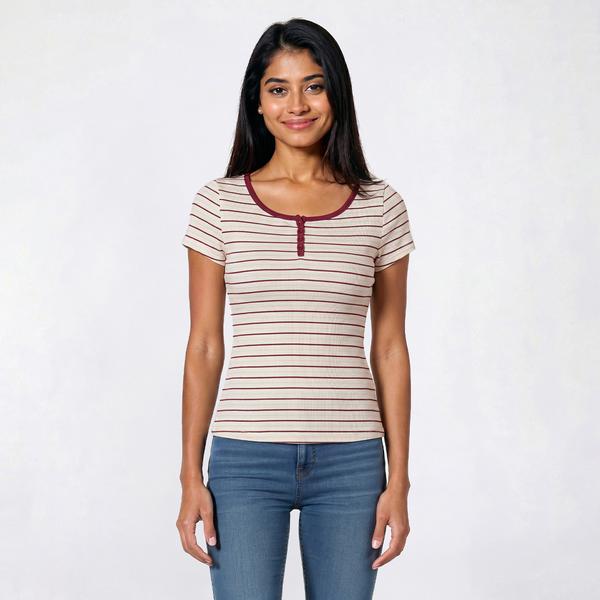 Juniors Pink Rose Short Sleeve Ribbed Stripe Henley Top alternate view